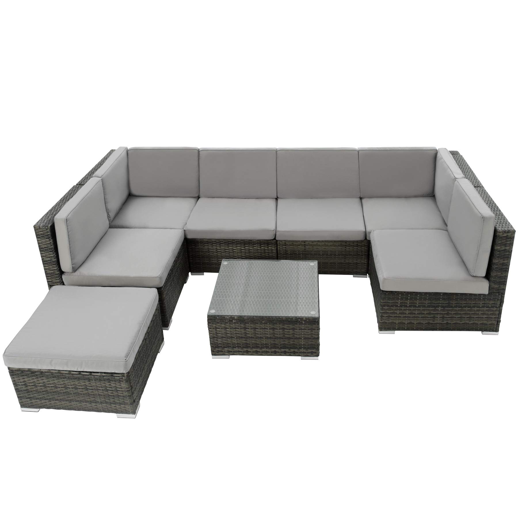 tectake XXL Polyrattan Lounge, Gartenmöbel Set, Sitzgruppe, Balkon Möbel mit 6 Sitze 1 Tisch 1 Hocker, inkl. Sitzkissen, Gartenlounge Outdoor, wetterfest, für Garten, Balkon, Terrasse - grau