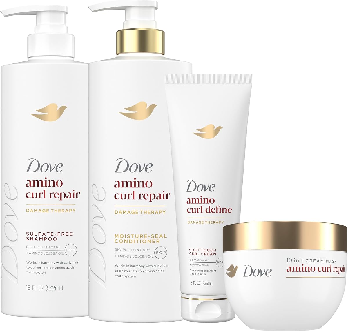 Paquete de champú, acondicionador y mascarilla Amino Curl Regimen, paquete de 4 para cabello rizado y rizado con tecnología de cuidado de bioproteínas + amino y aceite de jojoba