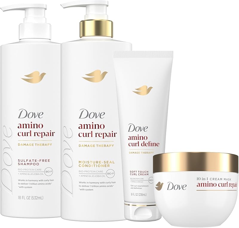 Paquete de champú, acondicionador y mascarilla Amino Curl Regimen, paquete de 4 para cabello rizado y rizado con tecnología de cuidado de bioproteínas + amino y aceite de jojoba
