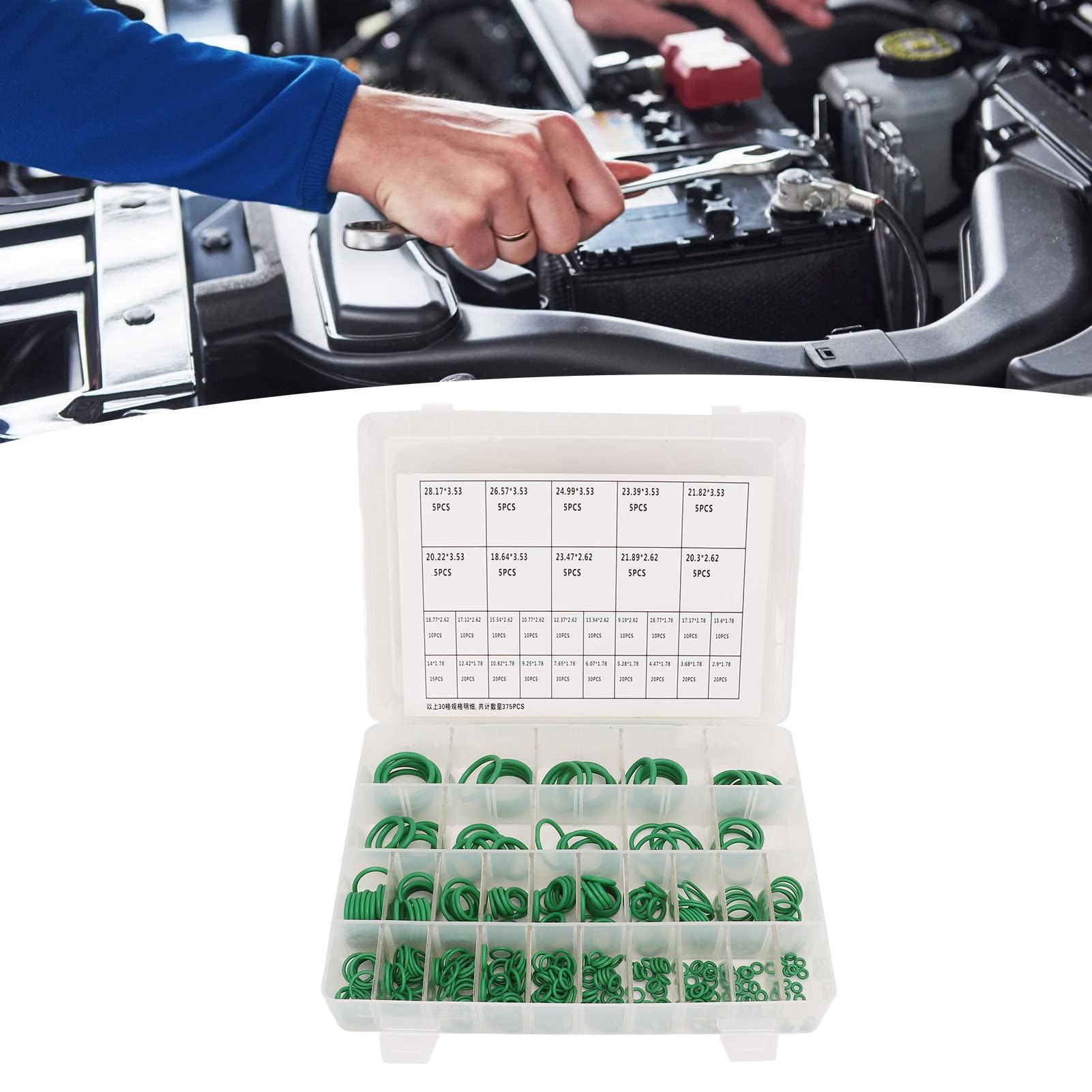 Juntas tóricas de Viton de caucho fluorado, Kit de sellado junta tórica, caucho flúor verde, varios tamaños, 375 piezas for plomería CA automotriz