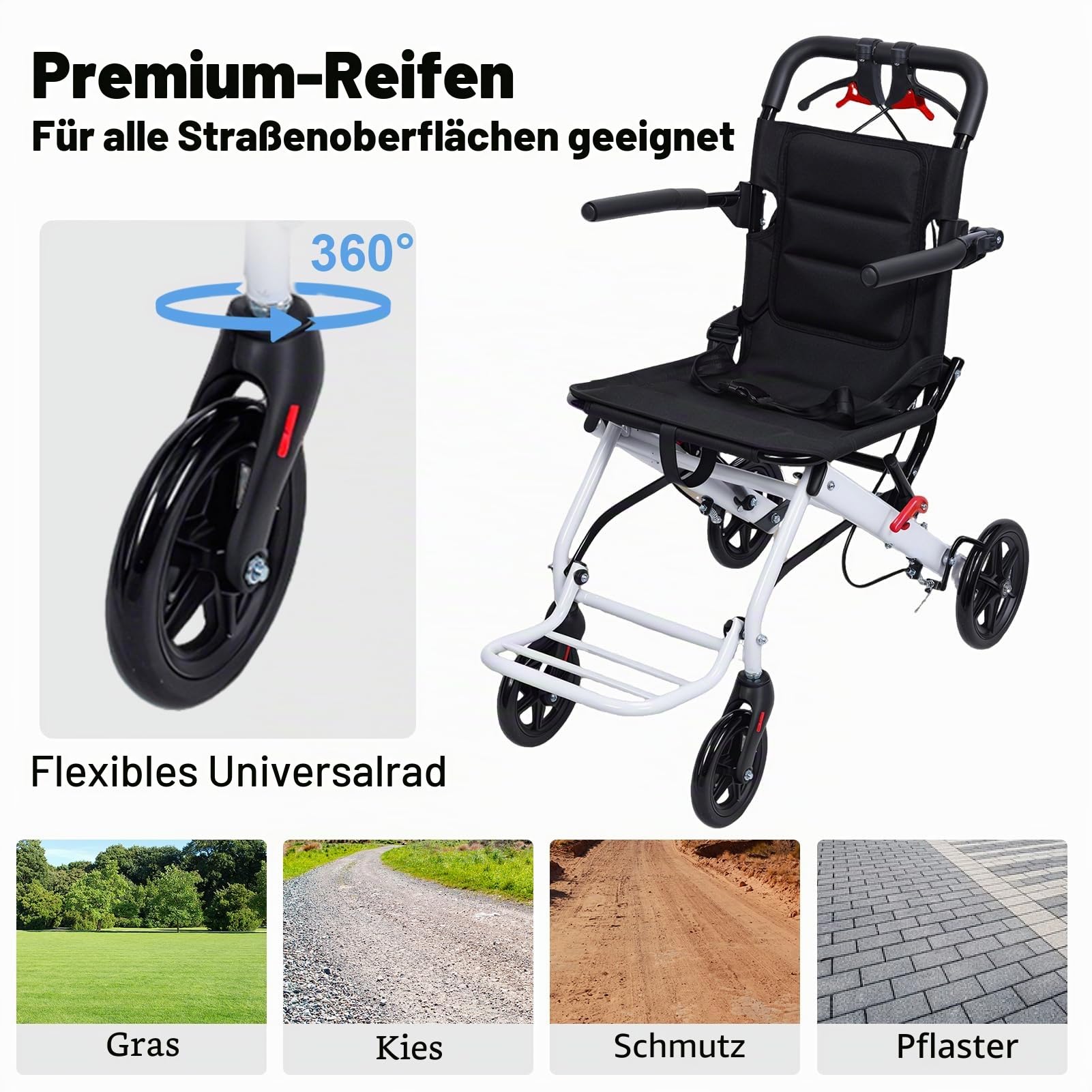 Leichter klappbarer Rollstuhl für Erwachsene, tragbarer Transportstuhl mit verstellbarem Sicherheitsgurt, Kohlenstoffstahlrahmen, einfach faltbar, kompakter Rollstuhl für Reisen & Flugzeug