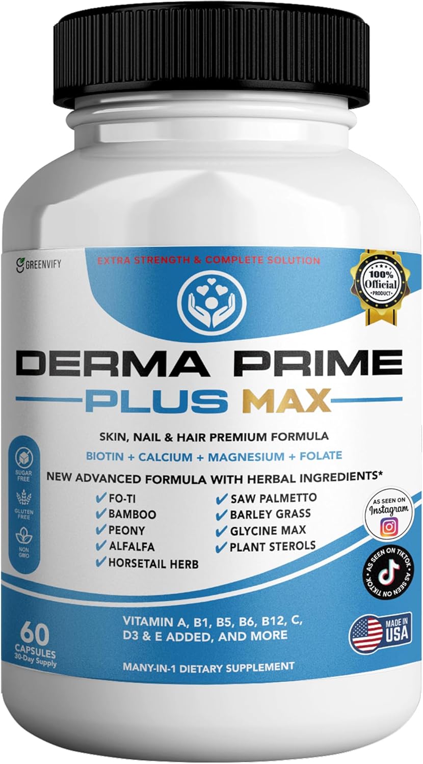 Derma Prime Plus Max Hair Skin Nail Supplement, 60 Capsules, with Biotin 5000mcg, Vitamins, Minerals, Herbal Blend (1)