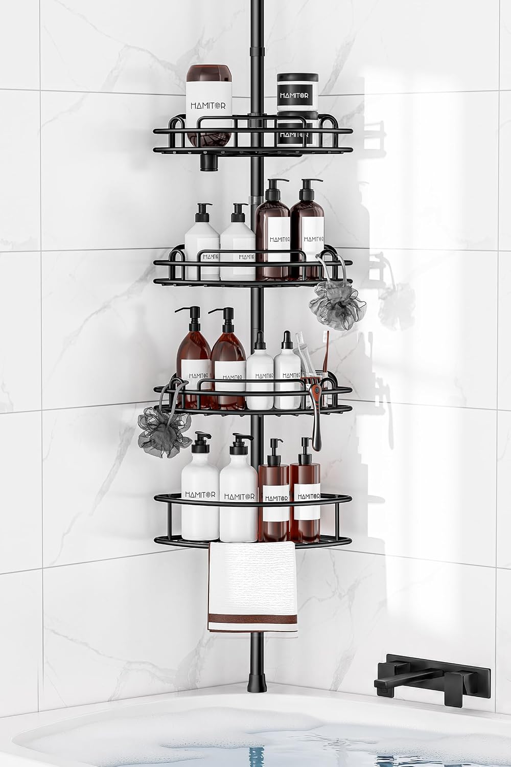 HAMITOR Bathroom Shower Caddy Tension Pole: 4-Tier Corner Rust-Resistant Adjustable Organizer Shelves - 47-121 Inch No-Drill Quick Installation - Space-Saving Storage for Renters - Black