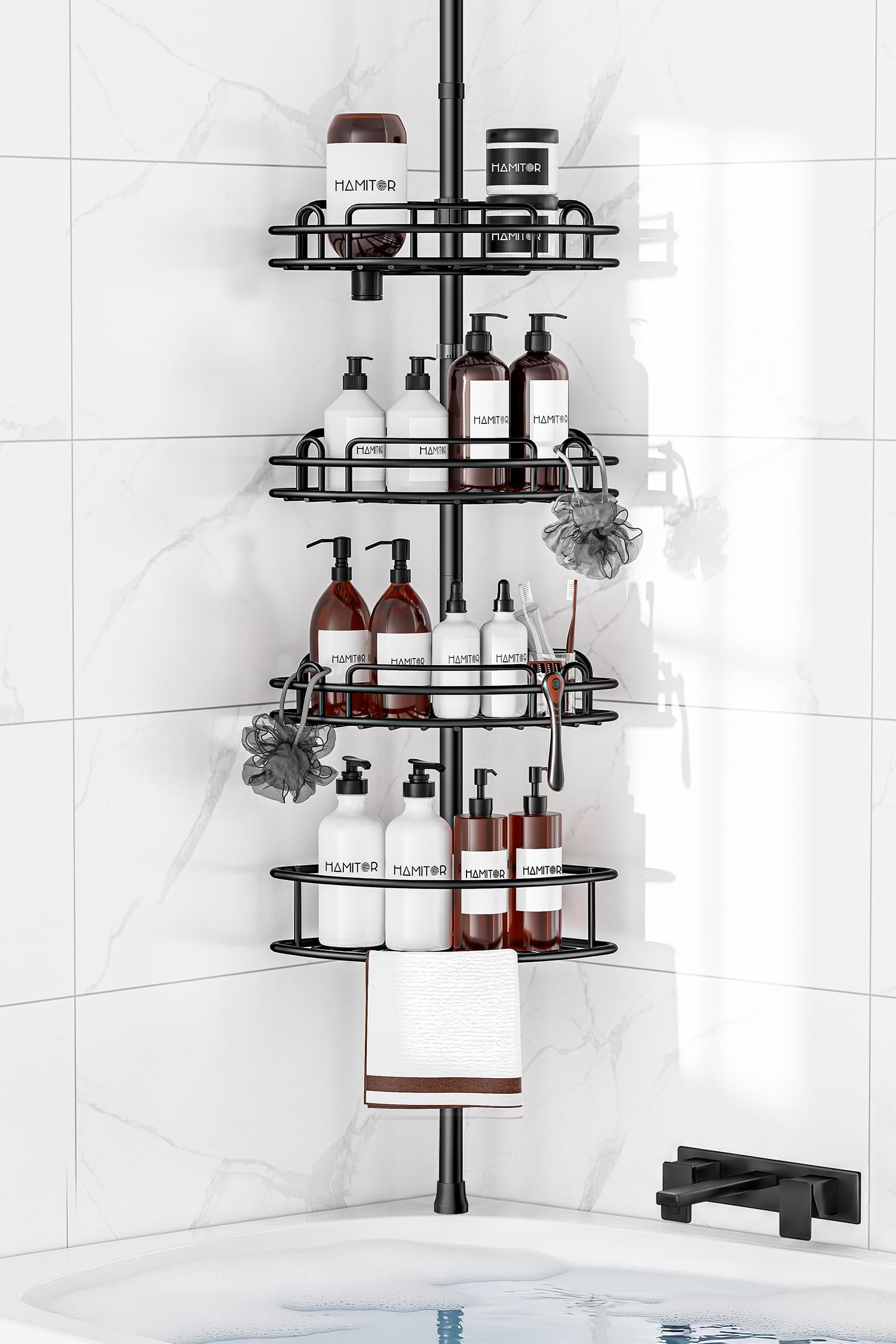 HAMITOR Etagere Douche Telescopique Angle: 4 Etages en Metal Etagere Salle de Bain sans Percage, Bathroom Rangement pour Shampoings, Savons & Gels de Douche — Longueur Reglable 121-314 cm, Noire