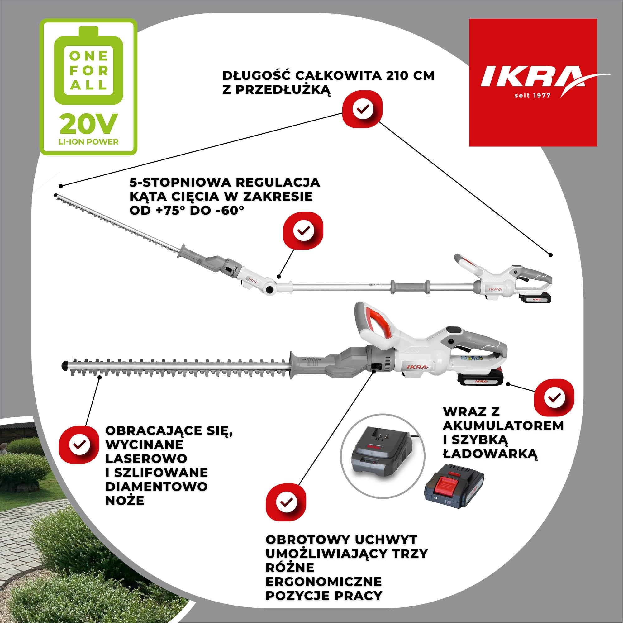 IKRA 2w1 Nożyce do żywopłotu ICPH 2050, 2 akumulatory, szybka ładowarka | Do zwykłych żywopłotów lub wysokich z funkcją teleskopową, pasek na ramię, kompatybilna z systemem akumulatorow IKRA 20 V