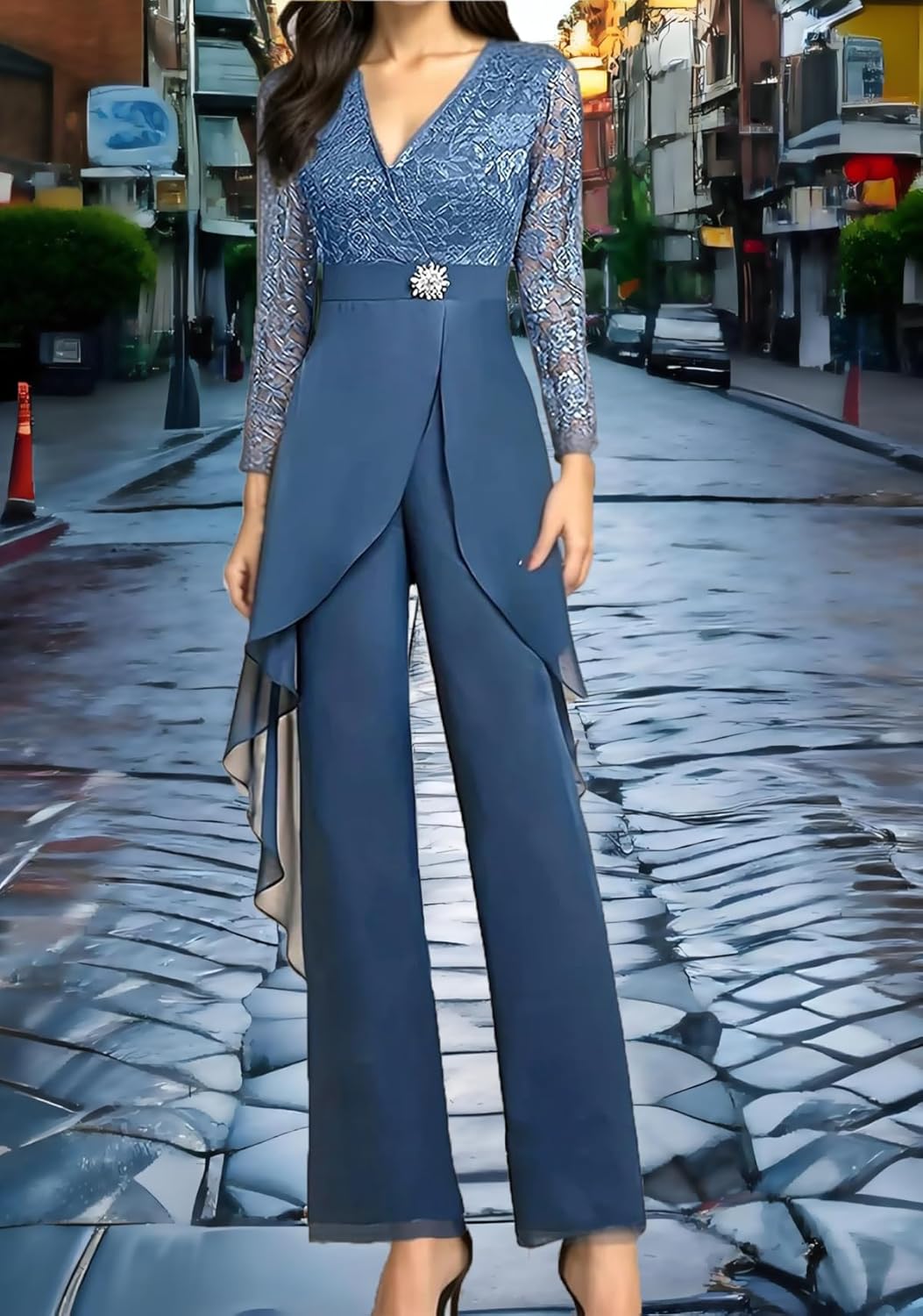 Chiffon High-Waisted Applique Mother of the Bride Pant Suits Formal Lace Beading Wedding Guest Jumpsuit for Women
