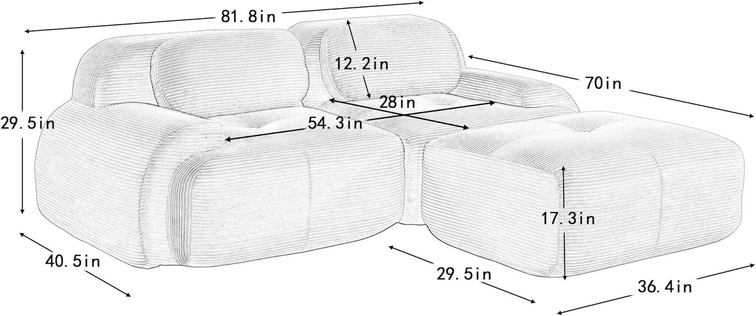 82" Loveseat Sofa with Ottoman - Cloud Boneless Couch with Anti-Slip Design, Modular Sectional Sofa with High-Resilience Sponge, Sectional Couches for Living Rooms & Bedrooms