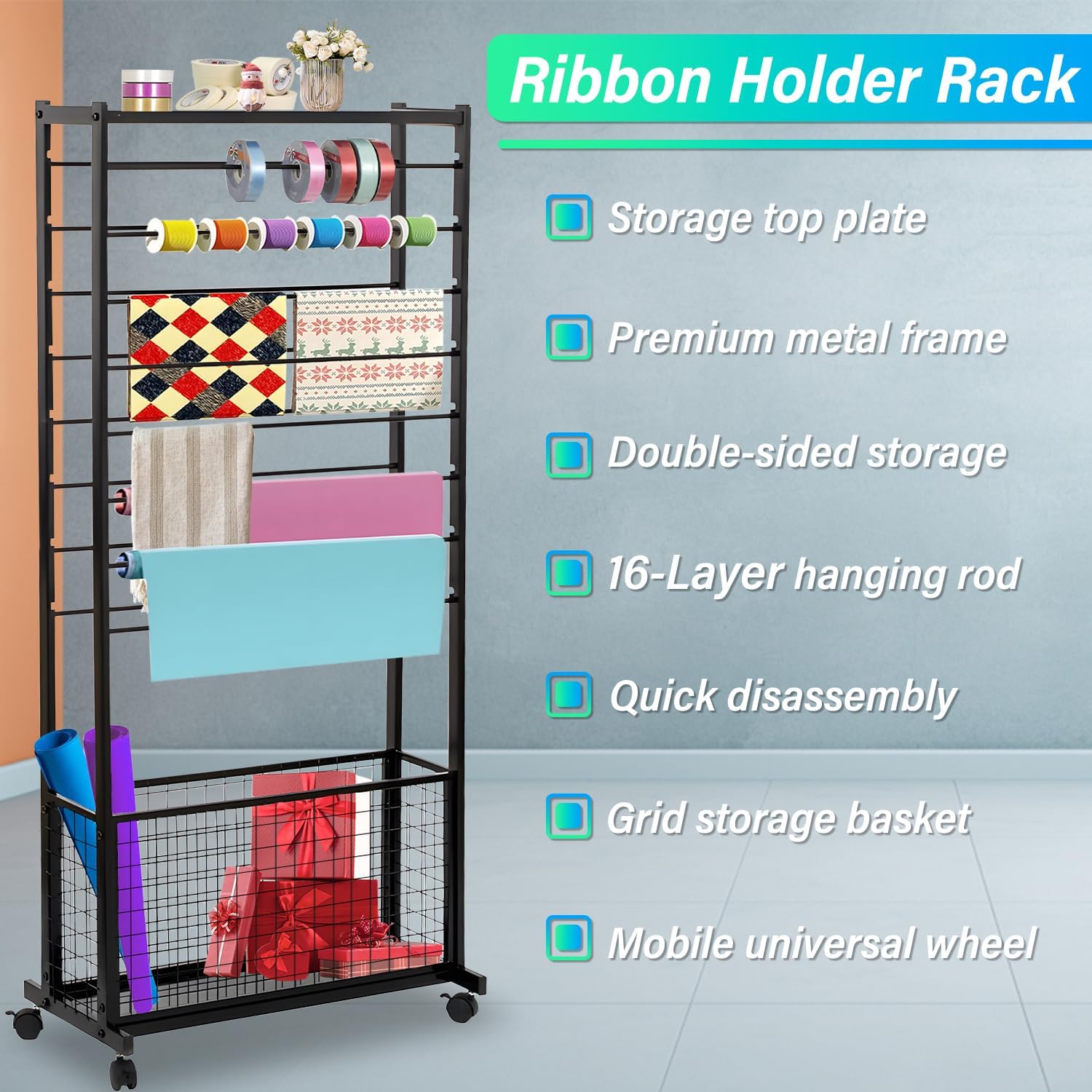 Ribbon Holder Organizer Rack, 16 Tier Ribbon Storage Organizer, Movable Metal Vinyl roll Storage with Storage Basket, Gift Wrapping Organizer Storage for Craft Room Flower Shop