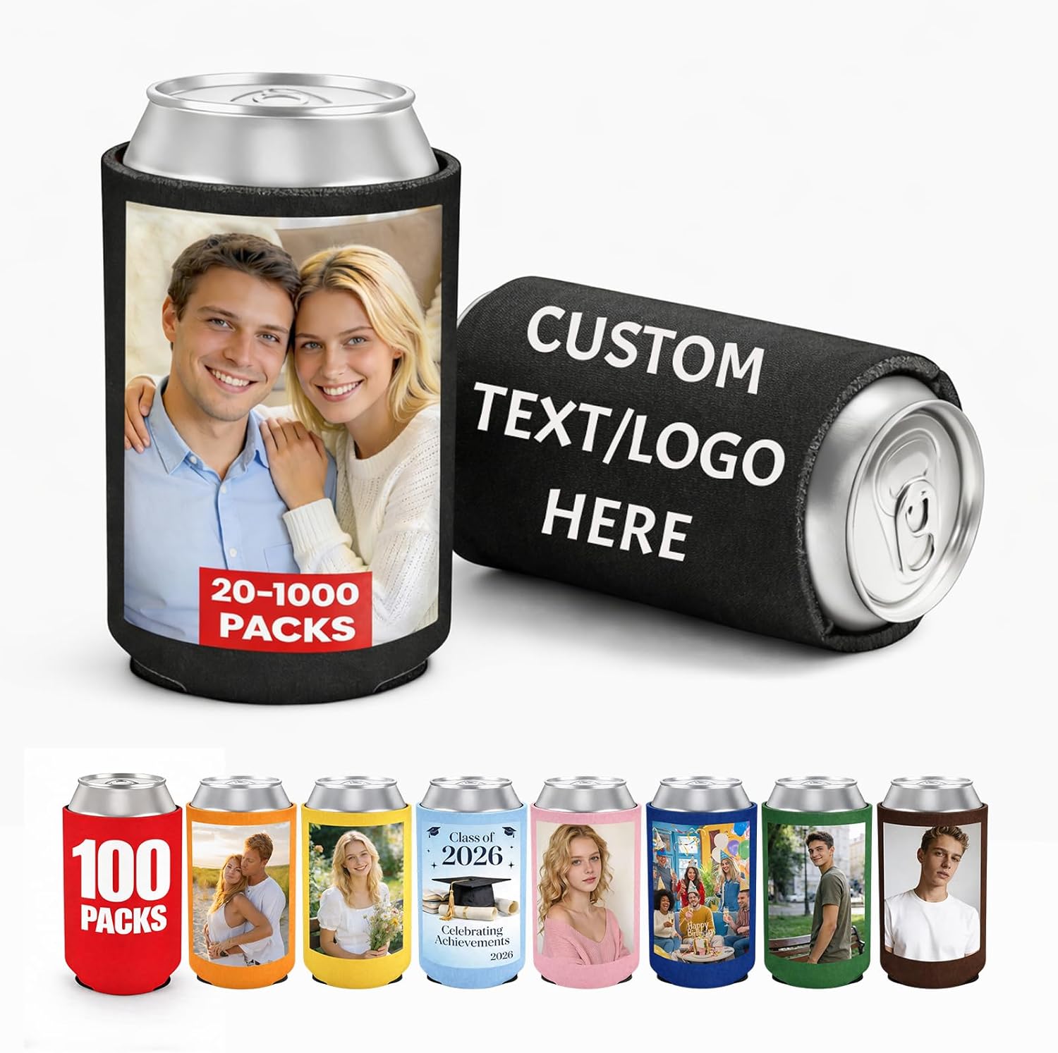 BEXOA 100 Packs Custom Can Coolers Sleeves Bulk - Personalized Drink Coozie Cooler Holders with Logo Image Photo Text for Business Birthday Party Graduation Wedding Neoprene Gifts (100)