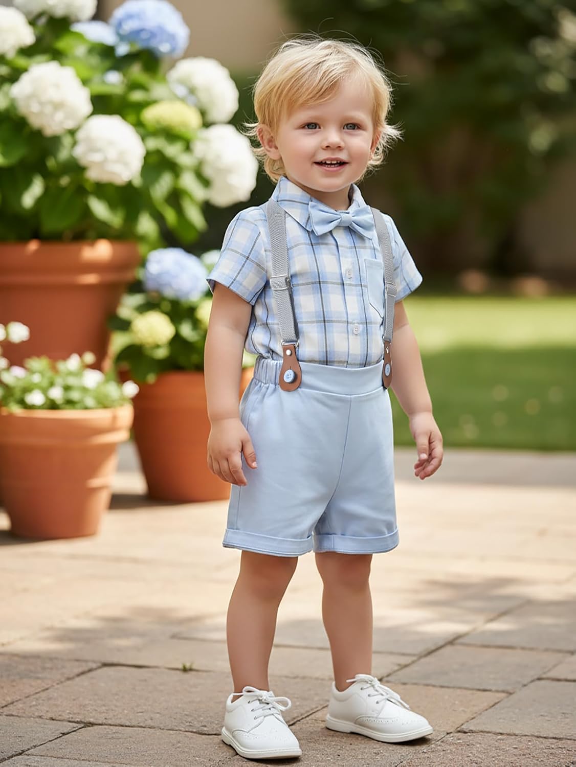 Boarnseorl Baby Boys Shorts Sets, Infant Shirt+Shorts+Bow Tie+Suspenders Outfits Suits