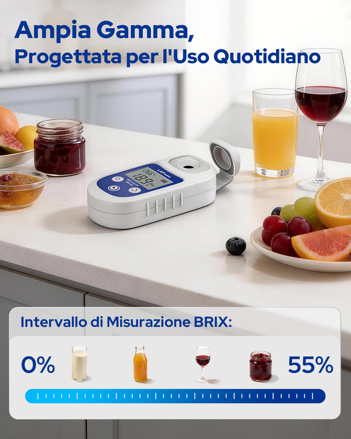 Rifrattometro Digitale 0-55% ±0,2%, BM101 Rifrattometro brix con ATC, IP65 Rifrattometro Digitale brix per Succo, vinificazione & caffè