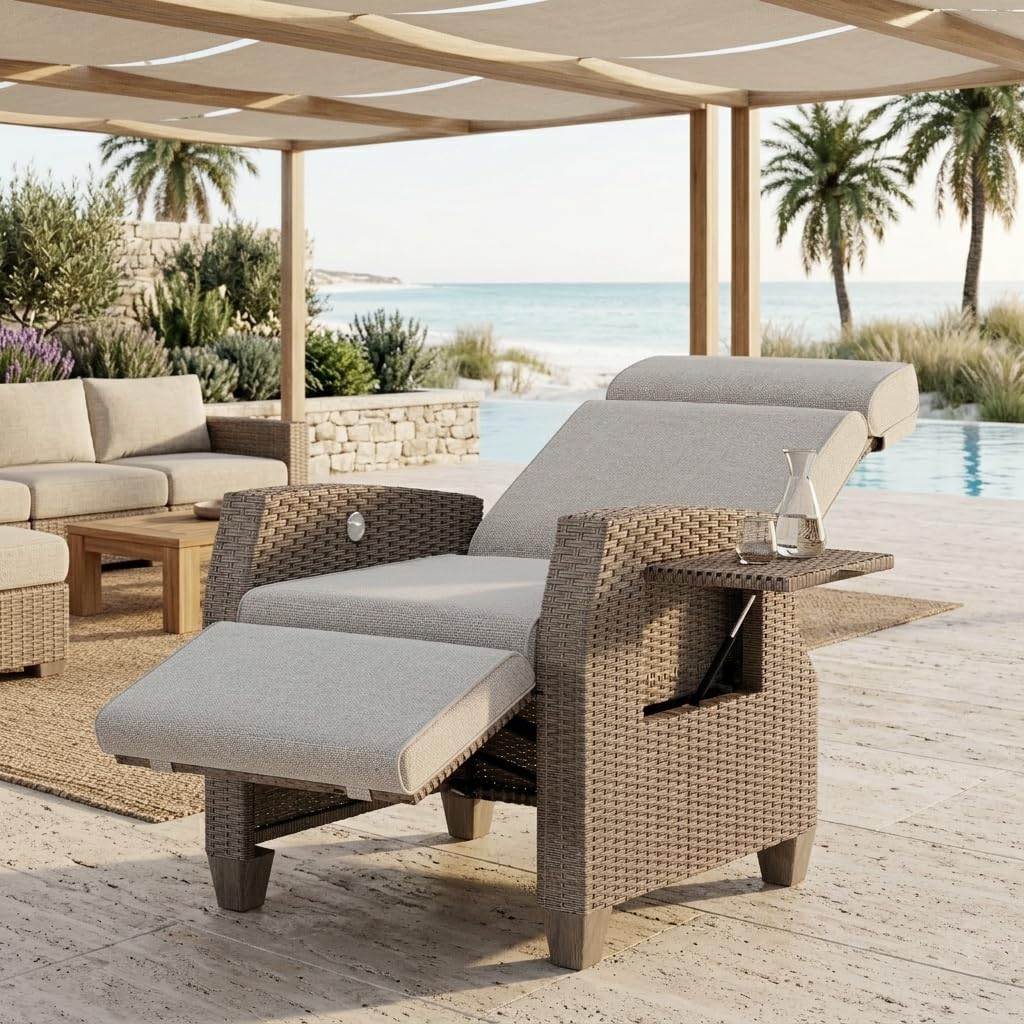 Chaise Longue, Fauteuil Relaxant Ergonomique en Rotin, Dossier Réglable et Blocable dans Toute Position, avec Housse Antipoussière, pour Intérieur, Balcon et Jardin (Marron + Abricot)