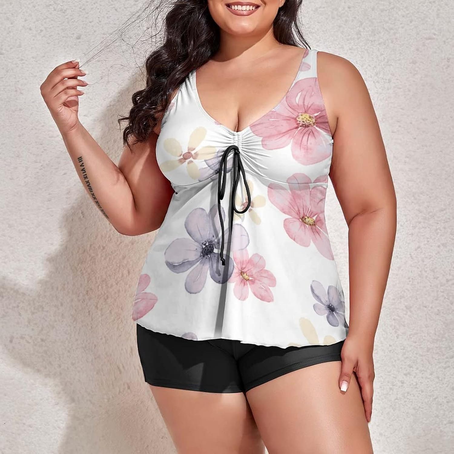 Plus Size Tankini Swimsuit for Women's Pink Floral Flower Seamless Pattern Tankini Bathing Suit Tummy Control Swimdress Two Piece Garden Wildflowers Swimsuits with Top/Boyshorts