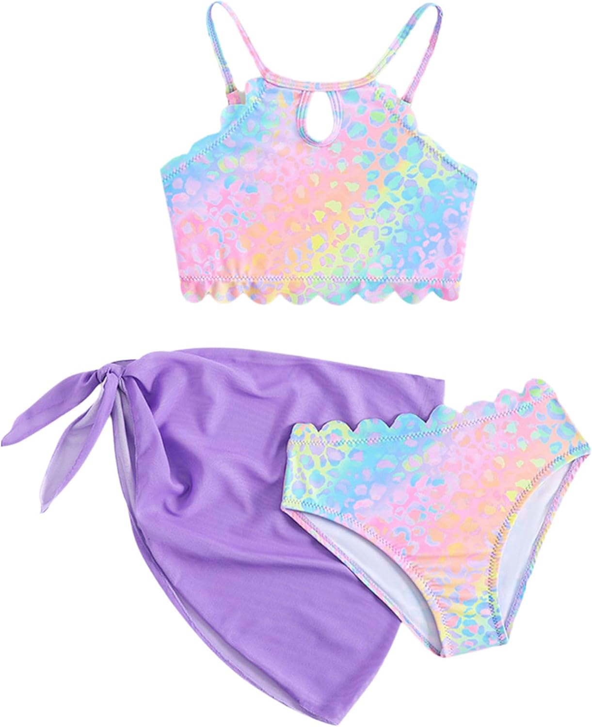 Little Girls Shiny Halter Swim top Brief with Wrap Sarong 3 Pcs Mermaid Bikini Sets