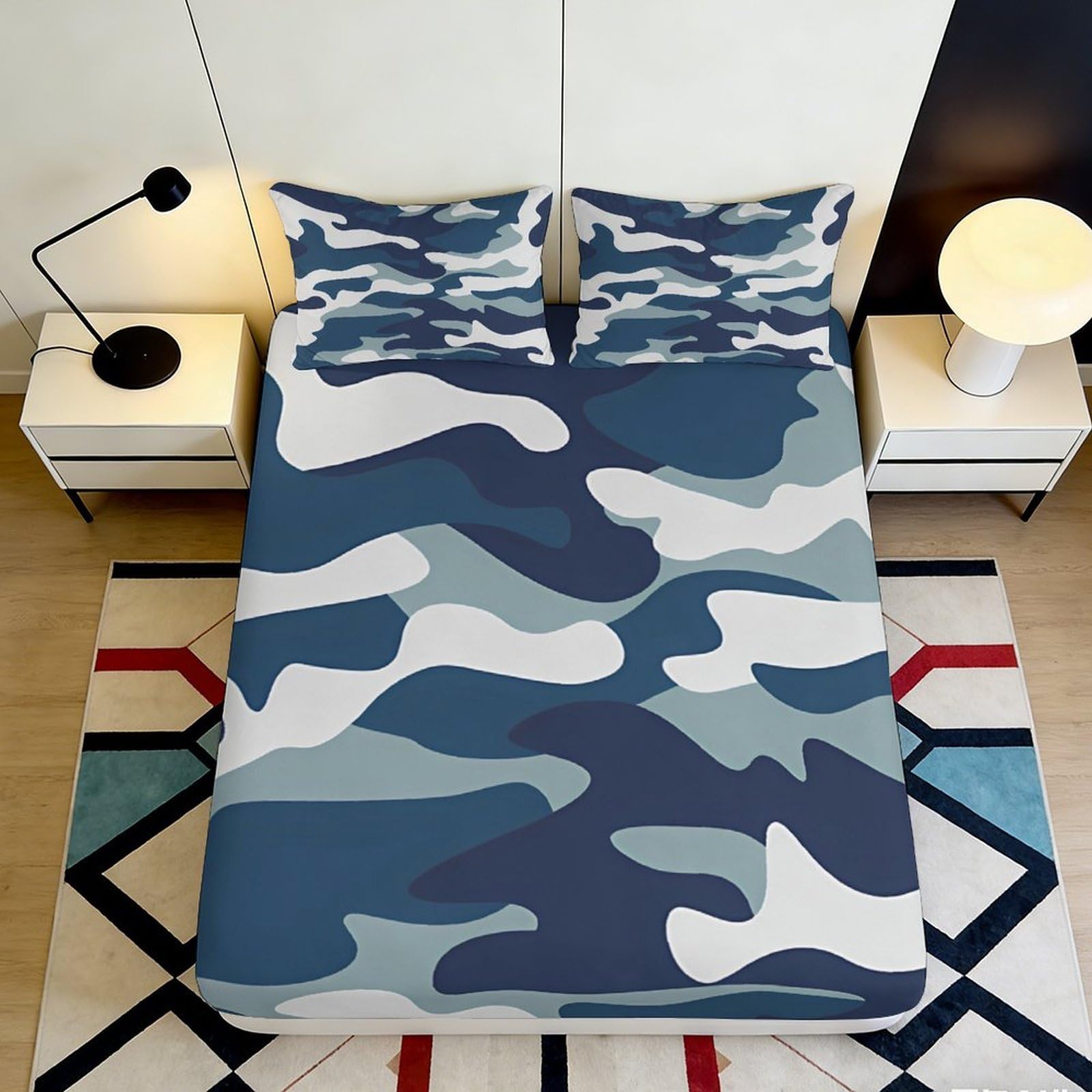 3D Printed Blue Camouflage Fitted Sheet Microfiber Soft Non-slip Mattress Cover for Bedroom Dorm Decor 90x200x25cm