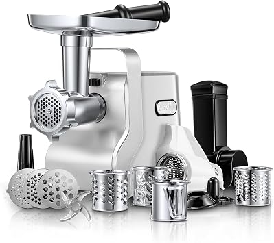 FOHERE Meat Grinder 3000W Max, Heavy Duty 5-in-1 Electric Meat Mincer with Sausage Stuffer & Kubbe Kit, 3 Stainless Steel Grinding Plates for Home Kitchen & Deer Processing Silver