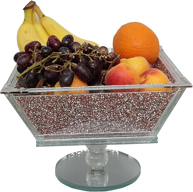 ONEBRAND Bling Fruit Bowl Pink Crushed Diamond Crystal Filled Kitchen Pink Edges Large Size Centre Piece Storage Metal Frame Square Shape