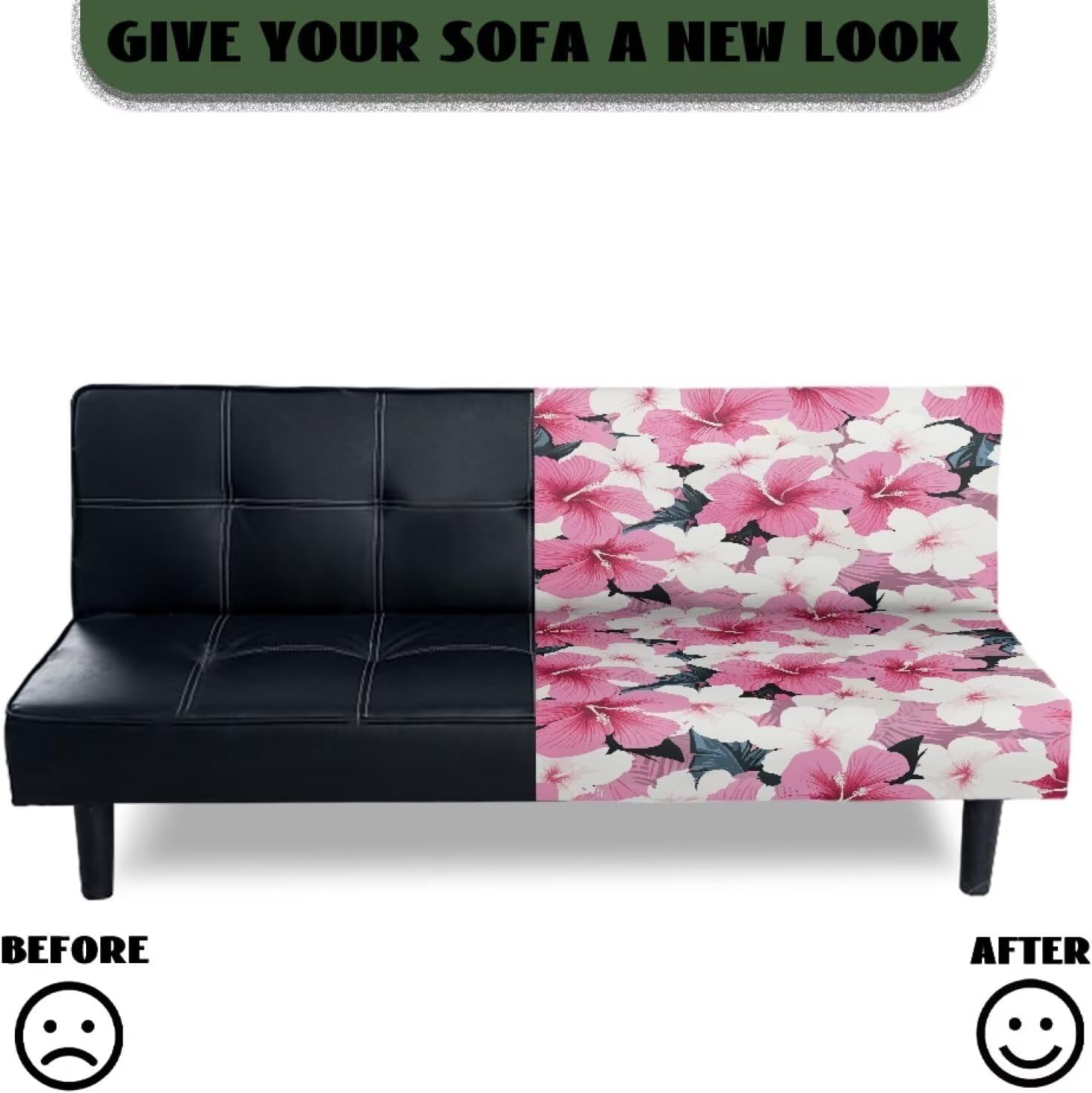 Armless Futon Cover Tropical Flowers Stretch Armless Sofa Futon Slipcover with Elastic Bottom Polyester Washable Furniture Protector for Kids, Pets