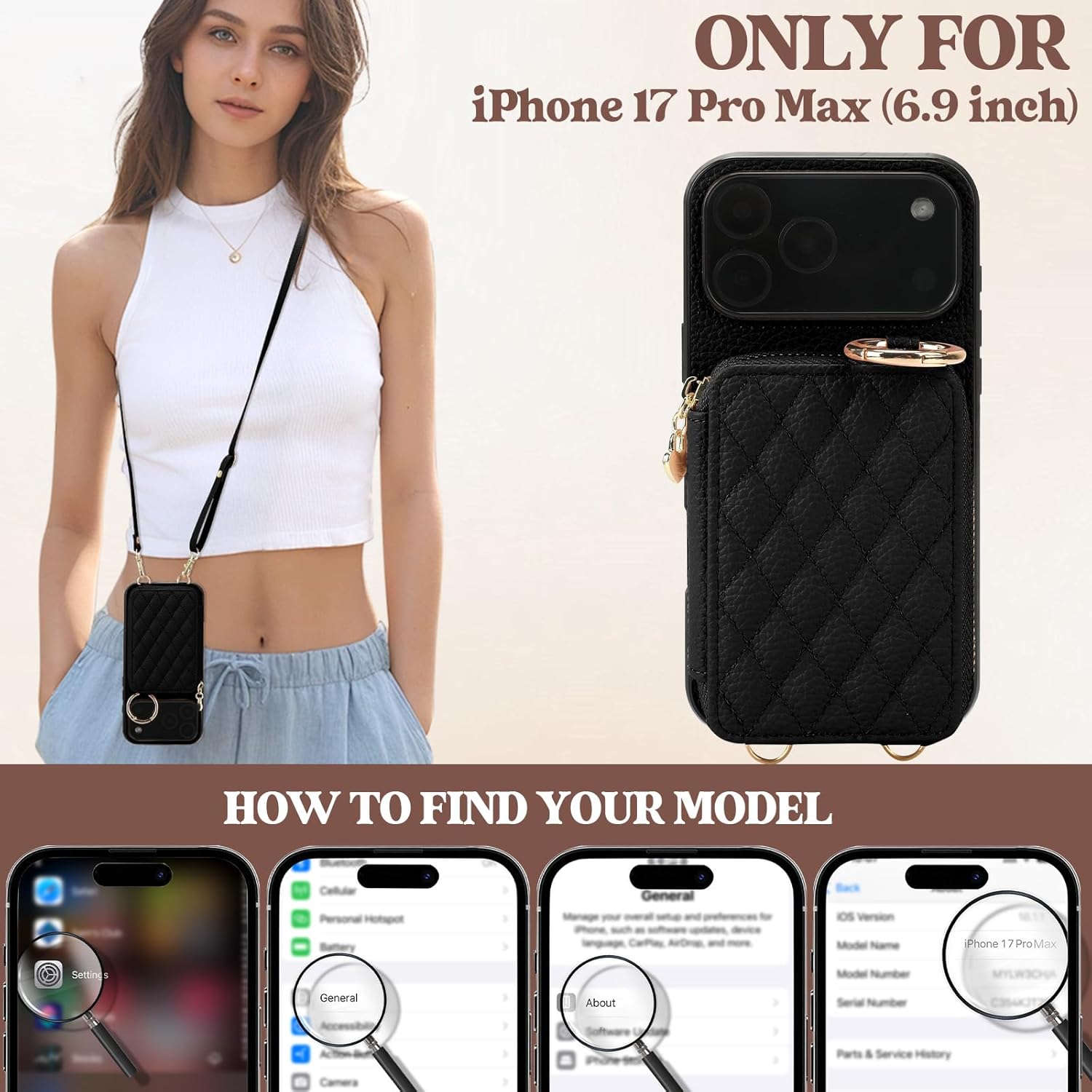 for iPhone 17 Pro Max Case Wallet, RFID Blocking PU Leather Zipper Handbag Purse Flip Cover, Kickstand Folio with Slots Holder Strap Lanyard 5G 6.9 Inch (Black, for iPhone 17 Pro Max Case)