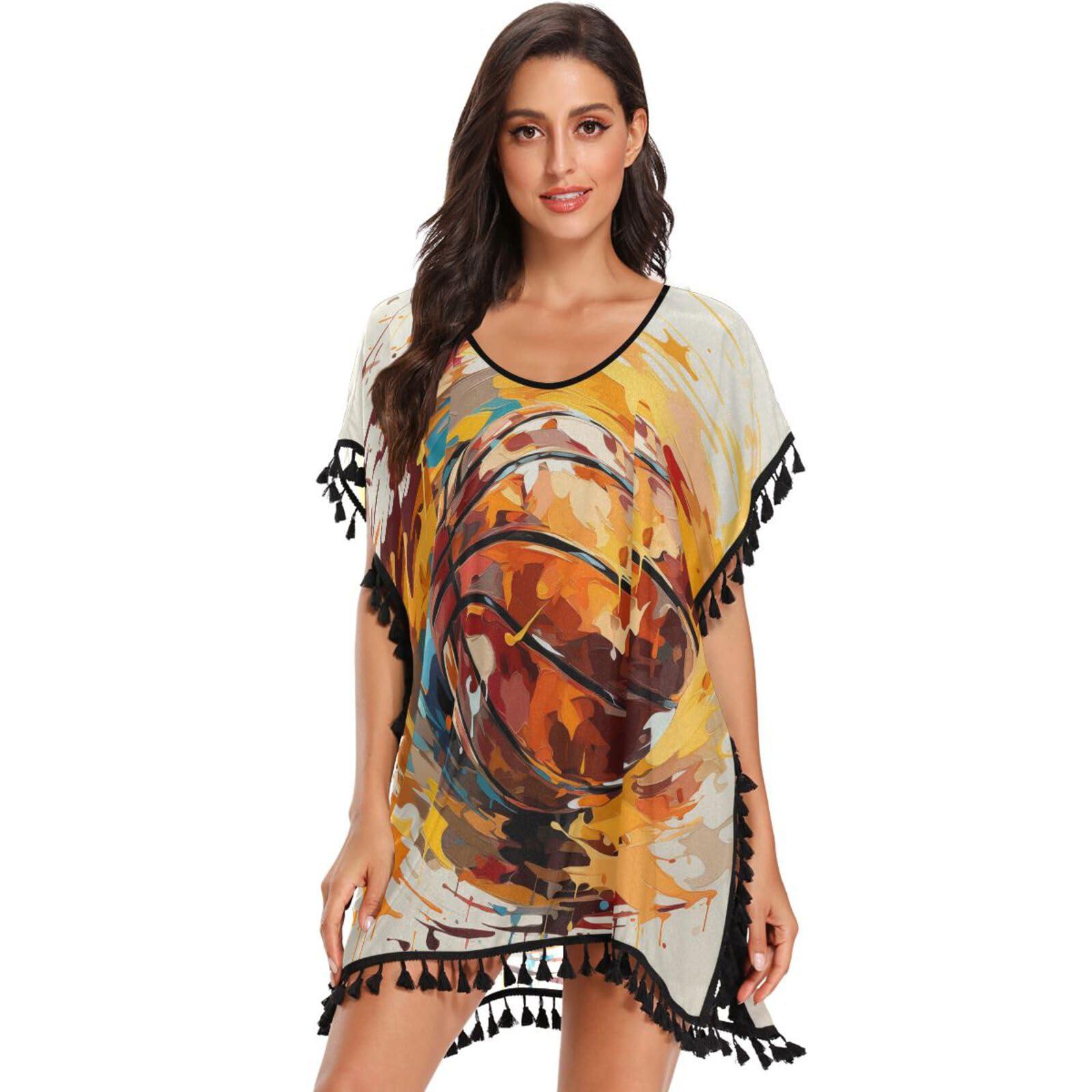 Basketball Watercolor Art Women's Beach Cover Up Chiffon Tassel Swimwear Swimsuit Coverups for Girl