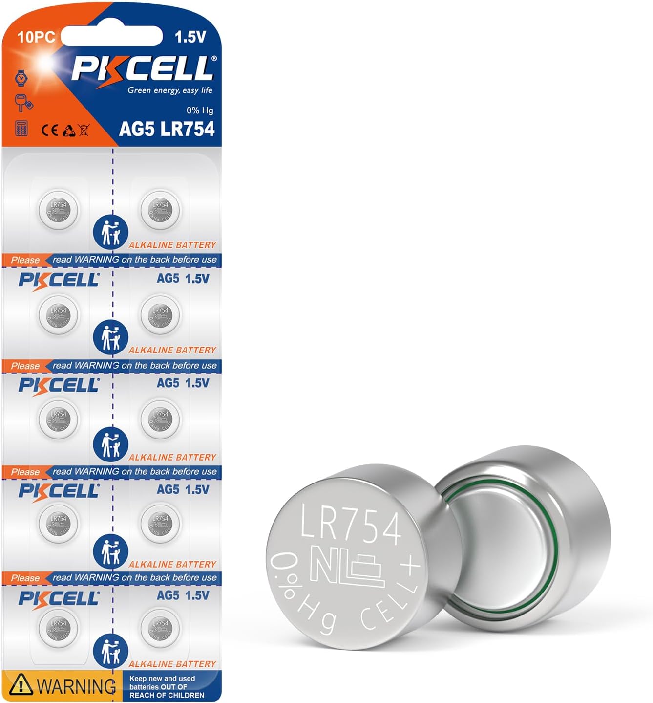 AG5/LR754 Batteries (10-Pack), 1.5V AIkaline Button Battery - Mercury-Free, 66mAh Coin Battery for Low-Power Devices - Hearing Aids, Car Remotes, Toys & LED Lights