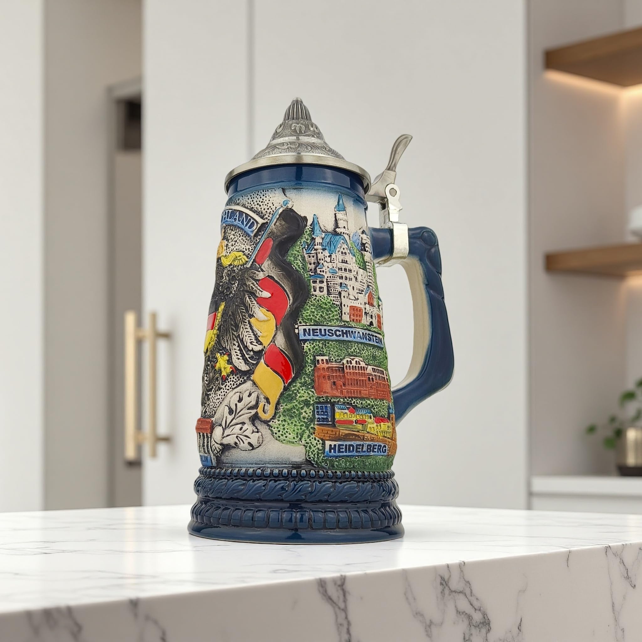 Jarra de cerveza con tapa, jarra de piedra tradicional alemana de 0,7 l, con tapa puntiaguda y diseño de Alemania, regalo para hombres, padre y cumpleaños – ideal para fiestas