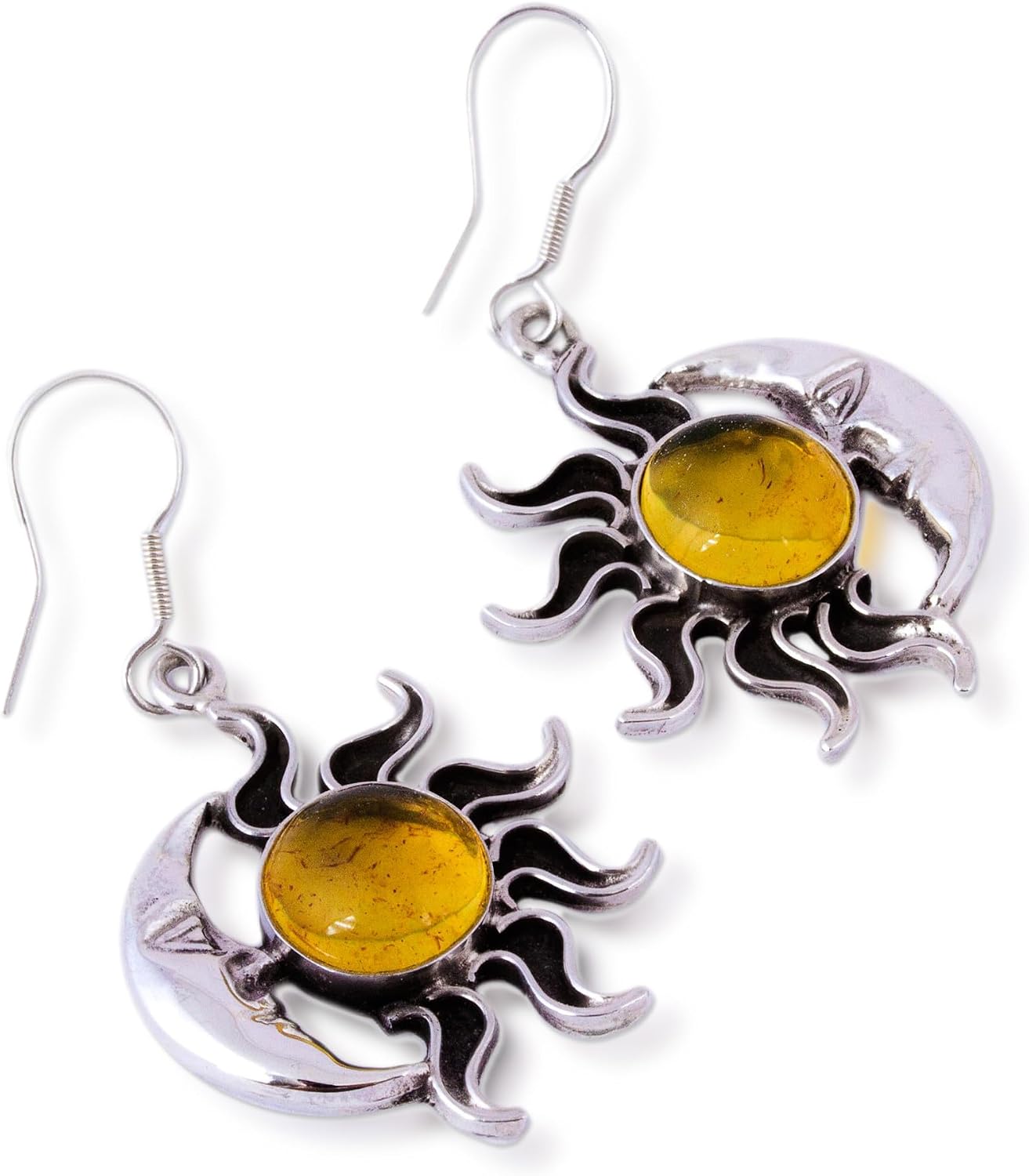 NOVICA Artisan Crafted Silver Sterling Sun Moon Dangle Earrings | Amber Gemstone | Oxidized Finish | Hypoallergenic Jewelry | French Wire Hook | Lead & Nickel Free | Mexico ' Resplendent Sunset'