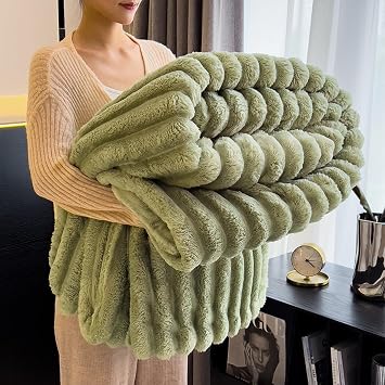 Bunny Blanket, Fleece Throw Blanket for Couch-Valentines Day Gifts for Women&Girls, Super Soft Striped Rabbit Plush Blanket, Lightweight Cozy Fluffy Throw for Sofa Bed Green,71x79inch