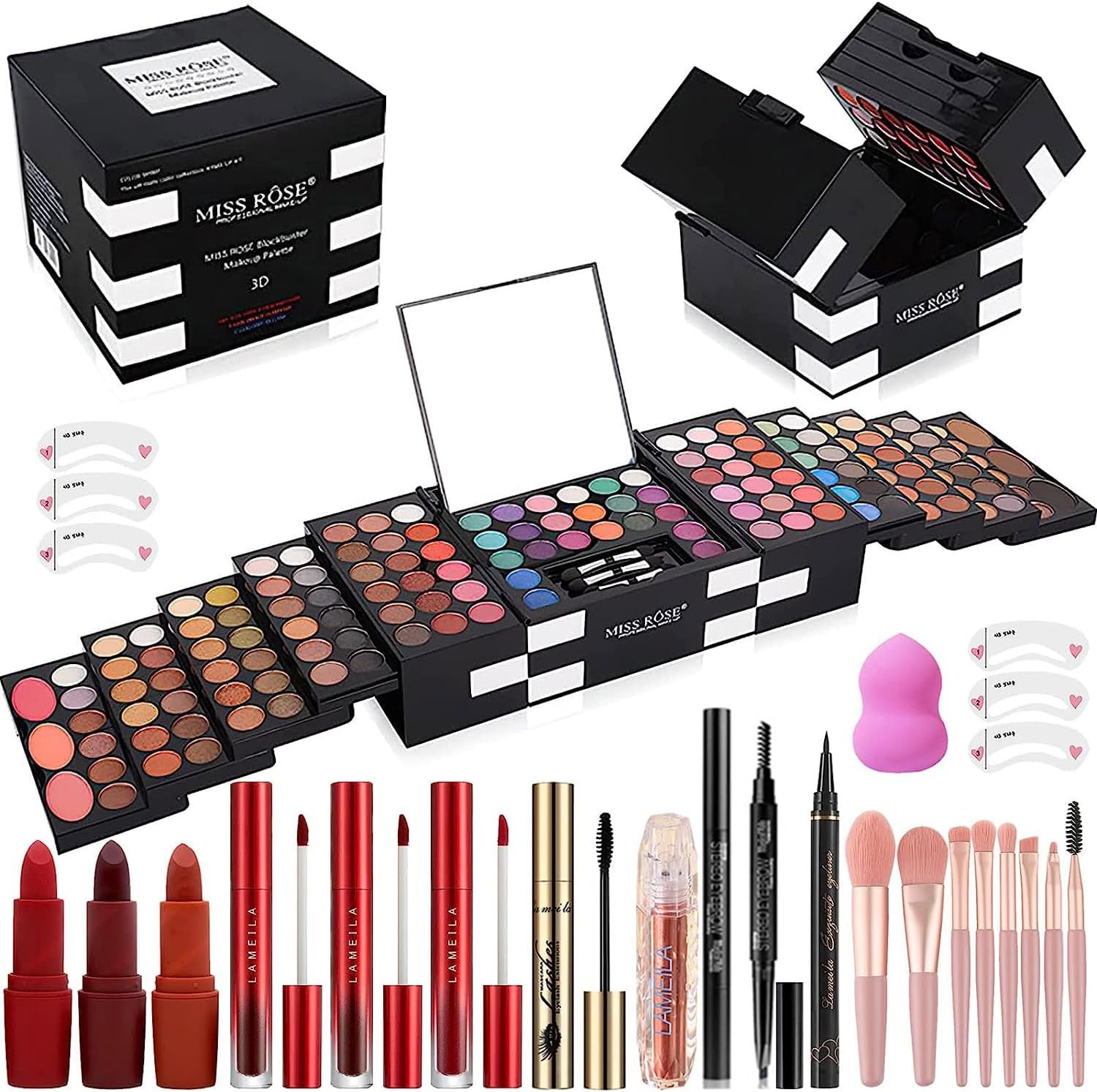 - MISS ROSE M 148 Colors Makeup Pallet,Professional Makeup Kit for Women Full Kit,All in One Makeup Sets for Women&Beginner,include Eyeshadow,Lipstick,Eyeliner,Concealer,makeup brush(045 Set-Black)