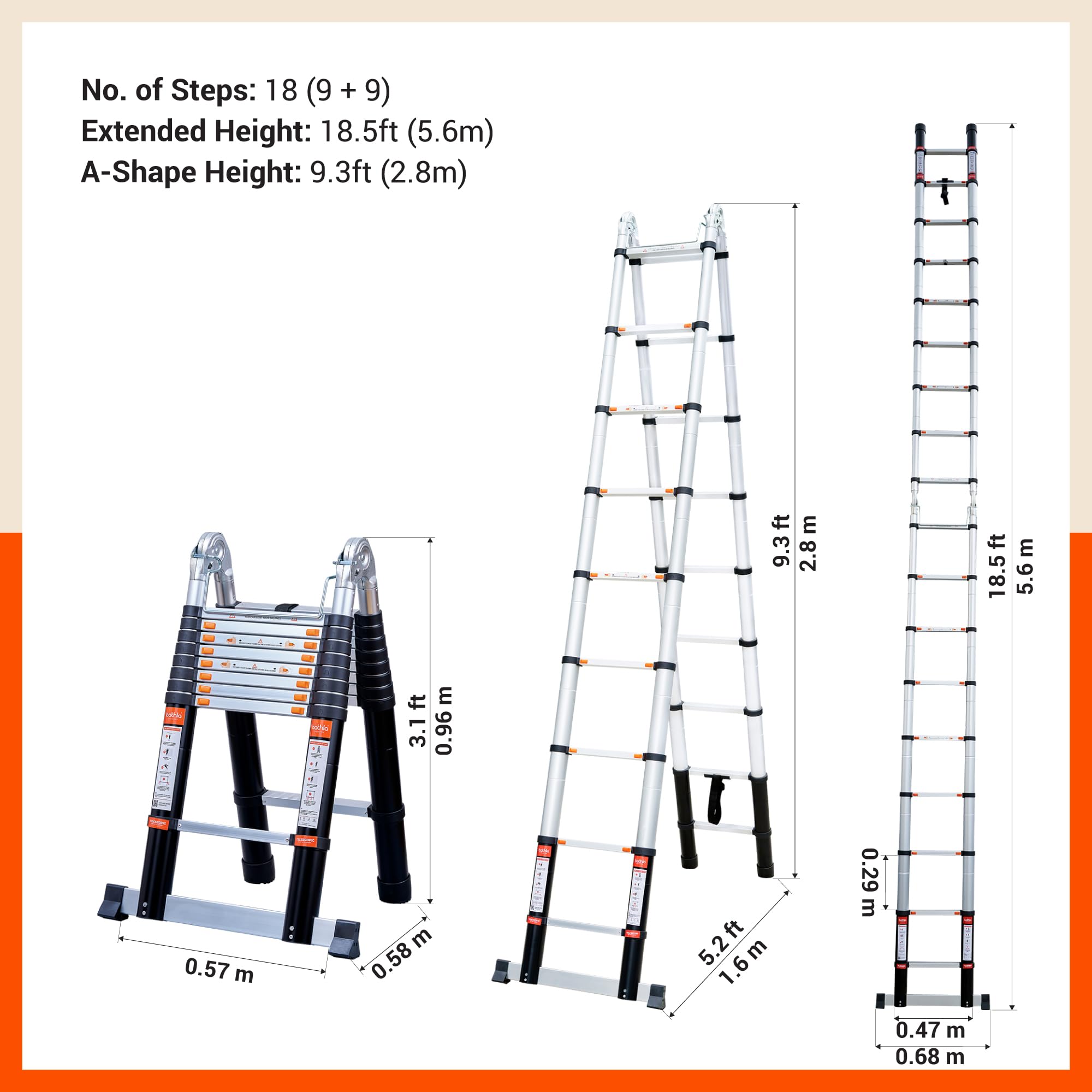 Bathla 18.5ft Telescopic Ladder - 18 Steps, Portable! -2