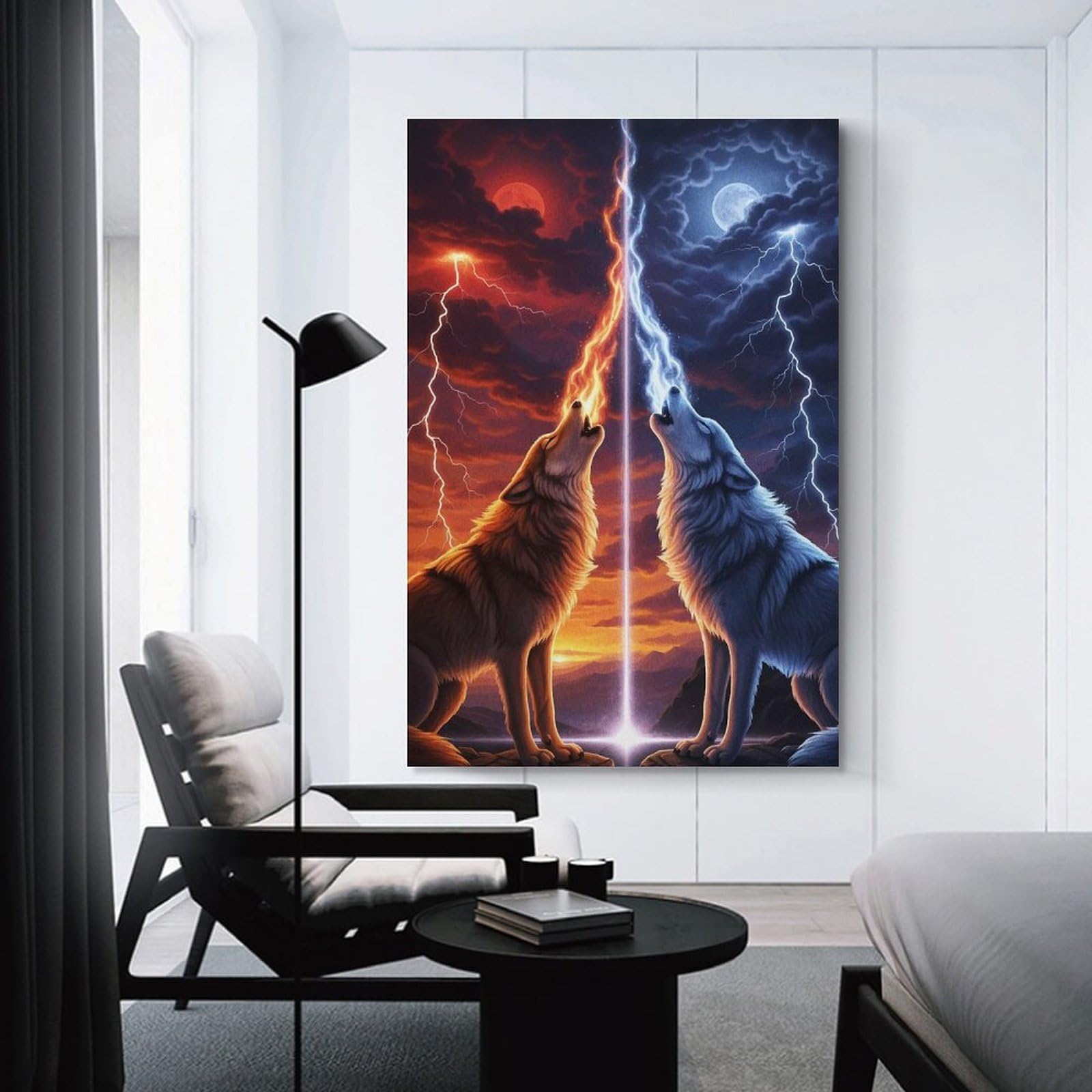 Junmoney Unframe-Style-8 Wall Decor Canvas Print Elemental Wolves Howling At The Sky, 20X30inch(50X75cm), For Bedroom, Lounge Or Dressing Area, Stylish Decor For A Restful Room Update