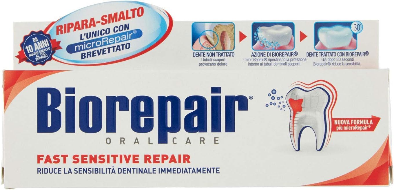Biorepair: "Fast Sensitive Repair" Toothpaste with microRepair, New Formula - 2.5 Fluid Ounce (75ml) Tube [ Italian Import ]