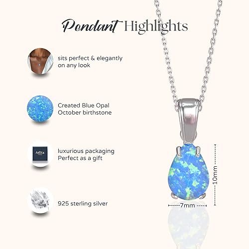 Miniatura 6 de 925 Sterling Silver Blue Opal Necklace - Dainty Teardrop Pendant, 7x10mm October Birthstone Opal Gemstone - Handmade Bridal Wedding Jewelry for