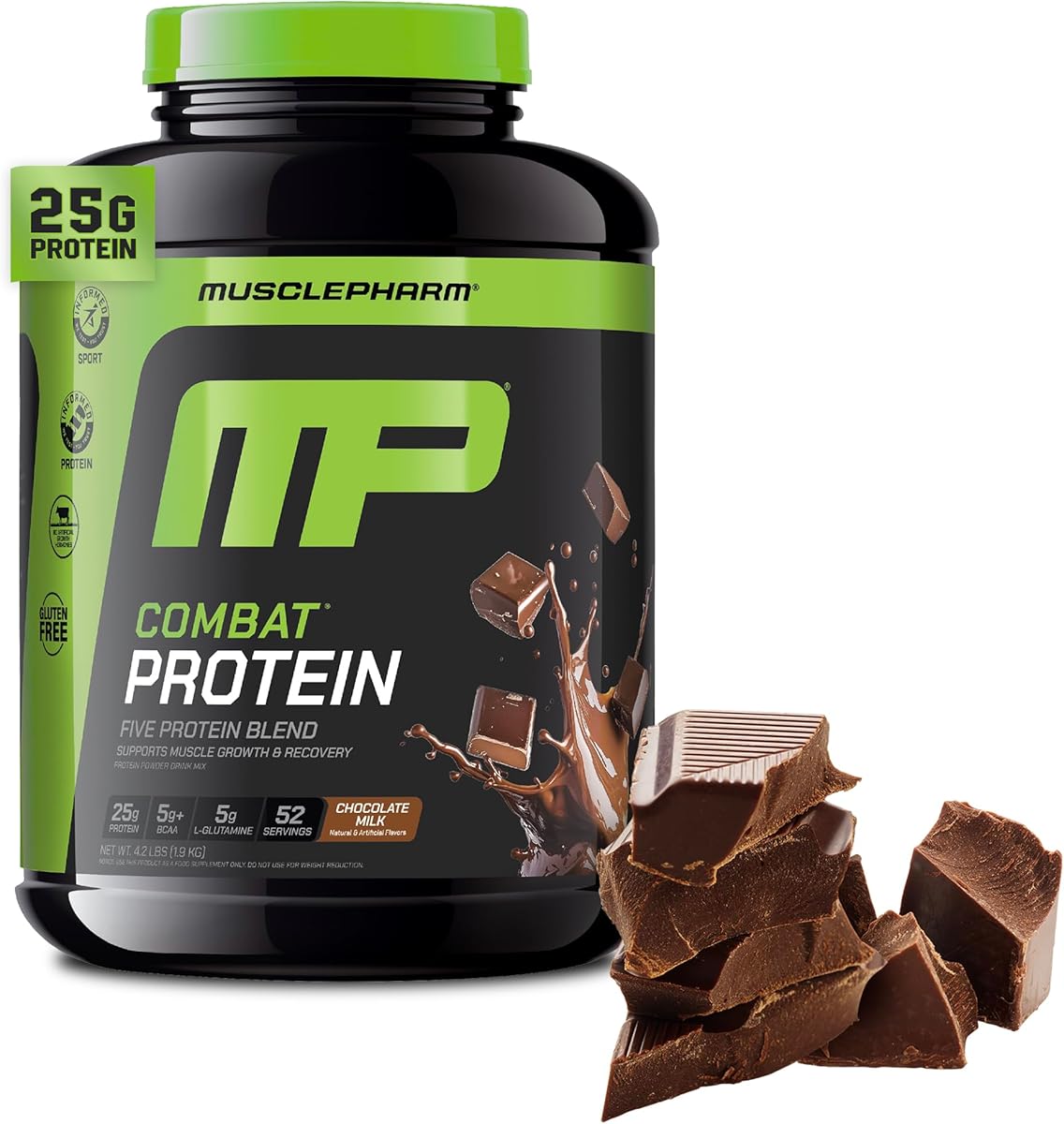 Muscle Pharm Combat Protein Powder, Chocolate Milk Flavor, Fuels Muscles for Productive Workouts, 5 Protein Sources Including Whey Protein Isolate & Egg Albumin, Gluten Free, 4 lb, 52 Servings
