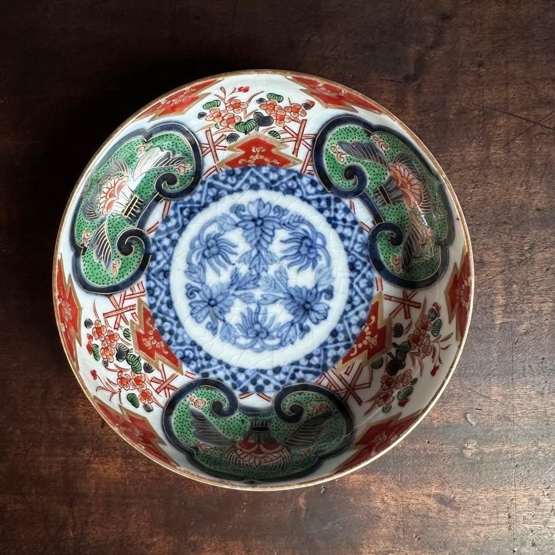 小皿 手塩皿 豆皿 色絵付け 染付 古伊万里 梅と鶴 2枚 明治 B 古伊万里