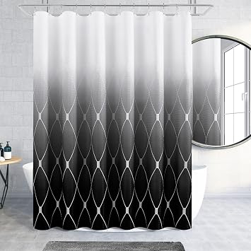 Extra Long Black Shower Curtain 84 Inch for Bathroom, Black and White Ombre and Geometric Waffle Textured Heavy Duty Cloth Shower Curtains, Large Hotel Spa Luxury Bath Curtain Set 72x84