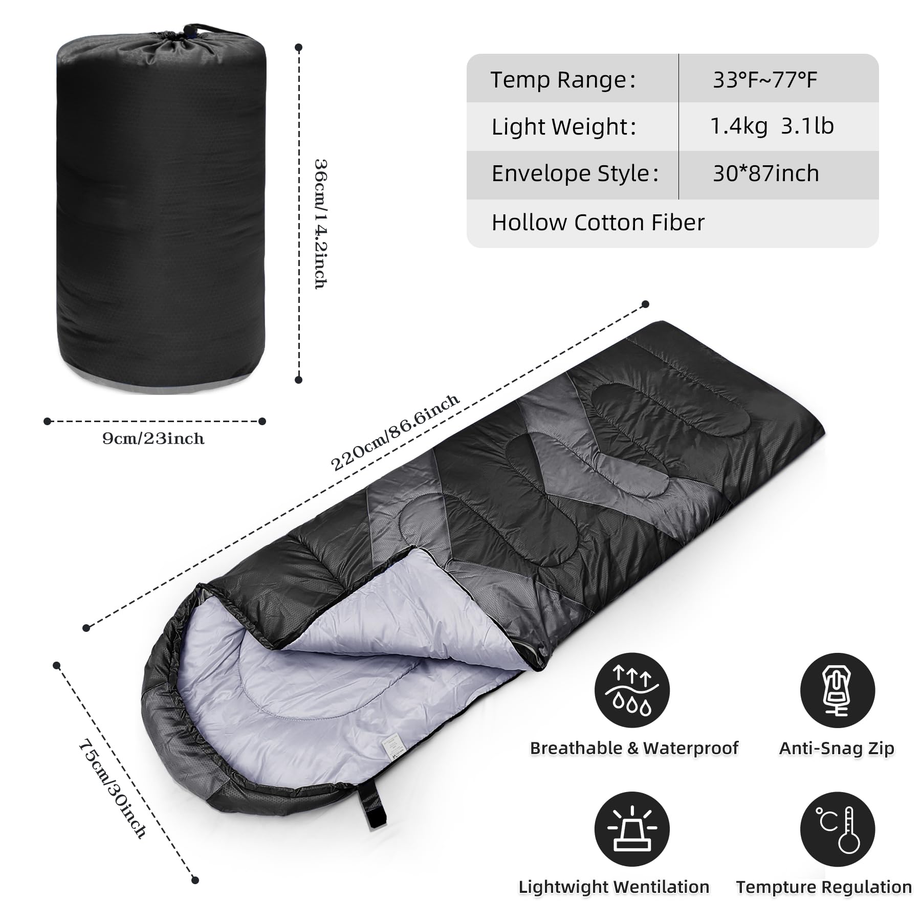 Sacs de Couchage pour Adultes Enfant 3-4 Saisons, Imperméable Enveloppants Sacs de Couchage de Damping pour Camping Léger, Randonnée, Compact Sleeping Bag,Orange