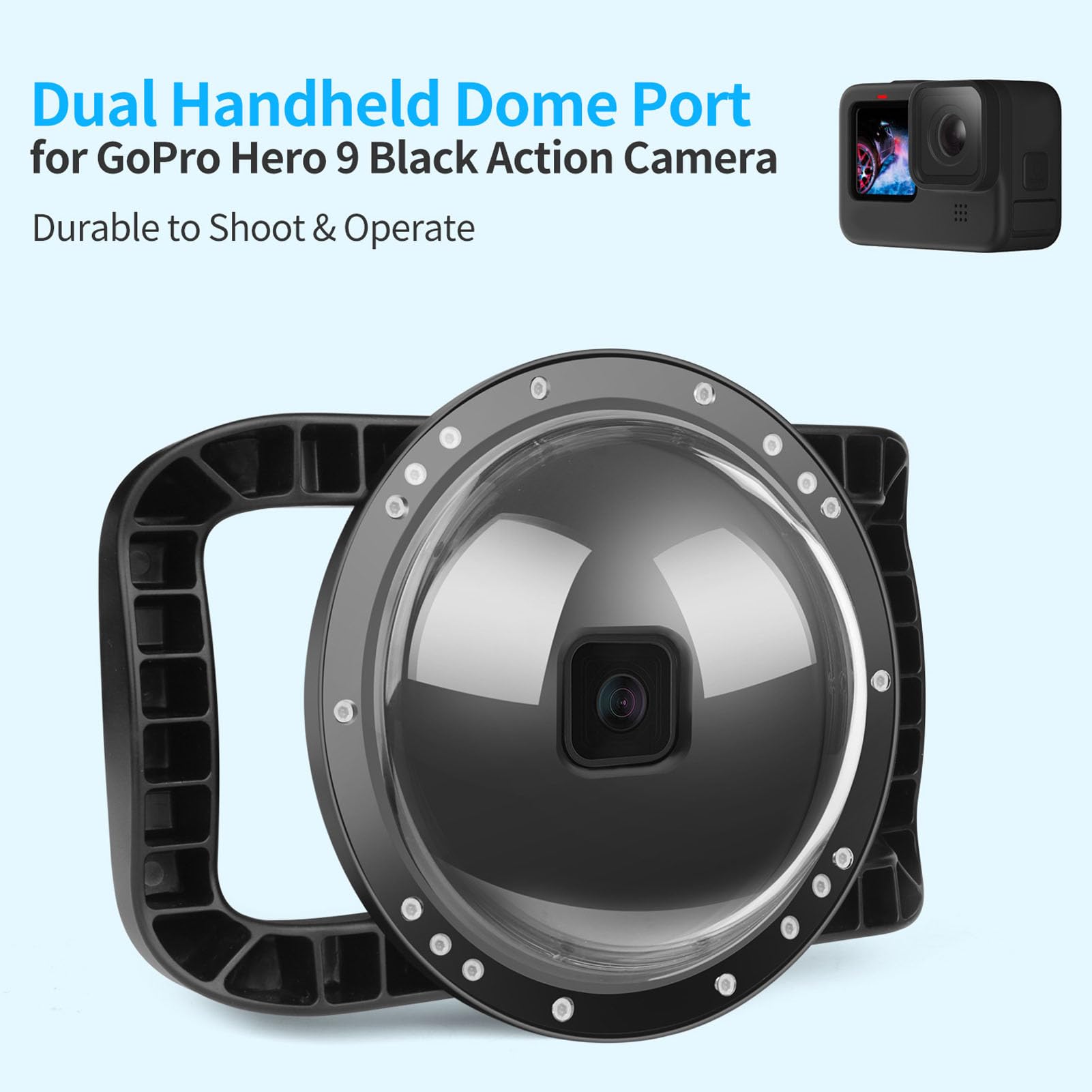 Estuche de Carcasa de Cámara Domo, Acrílico + Aleación de Aluminio Domo Estuche Protector de Doble Puerto de Mano Impermeable 45 M / 147.6 Pies Vista de 180 ° para Cámara de Acción Gopro 9