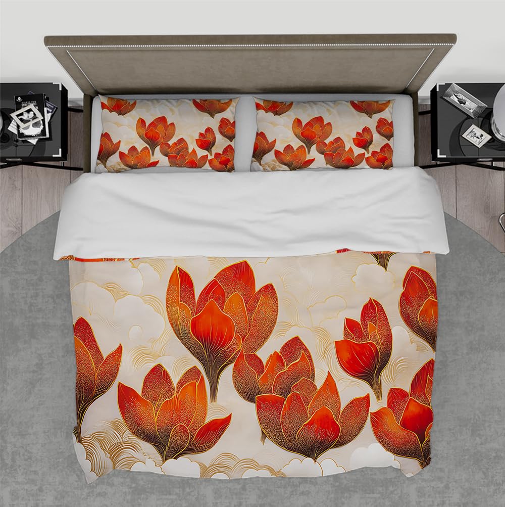 Couette fleurie or rouge en microfibre pour sublimer votre chambre cocooning