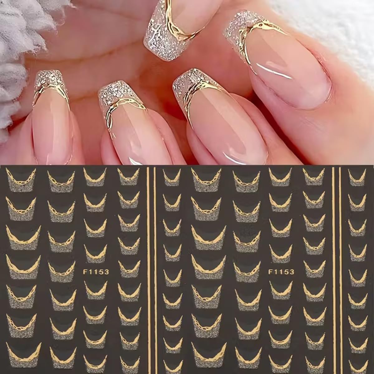 French Line Nail Art Stickers Golden Glitter French Tip Nail Decals Nail Art Supplies 6PCS Stripe Tape Wave Butterfly Nails Adhesive Sliders Manicure Sticker for Nails Women Daily DIY Nail Decorations