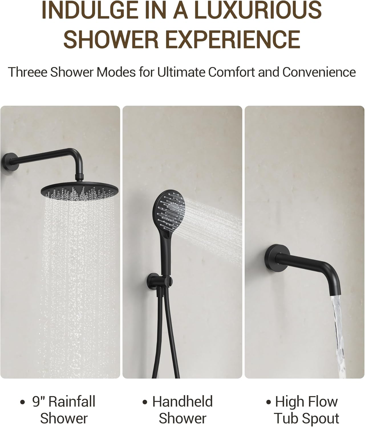 Upgraded Shower Faucet Set with Tub Spout: Aposhion 9 Inch Round Rainfall Shower System Rough-in Pressure-balanced Valve with Handheld Sprayer, Wall Mounted Bathtub Shower Faucet Kit Complete