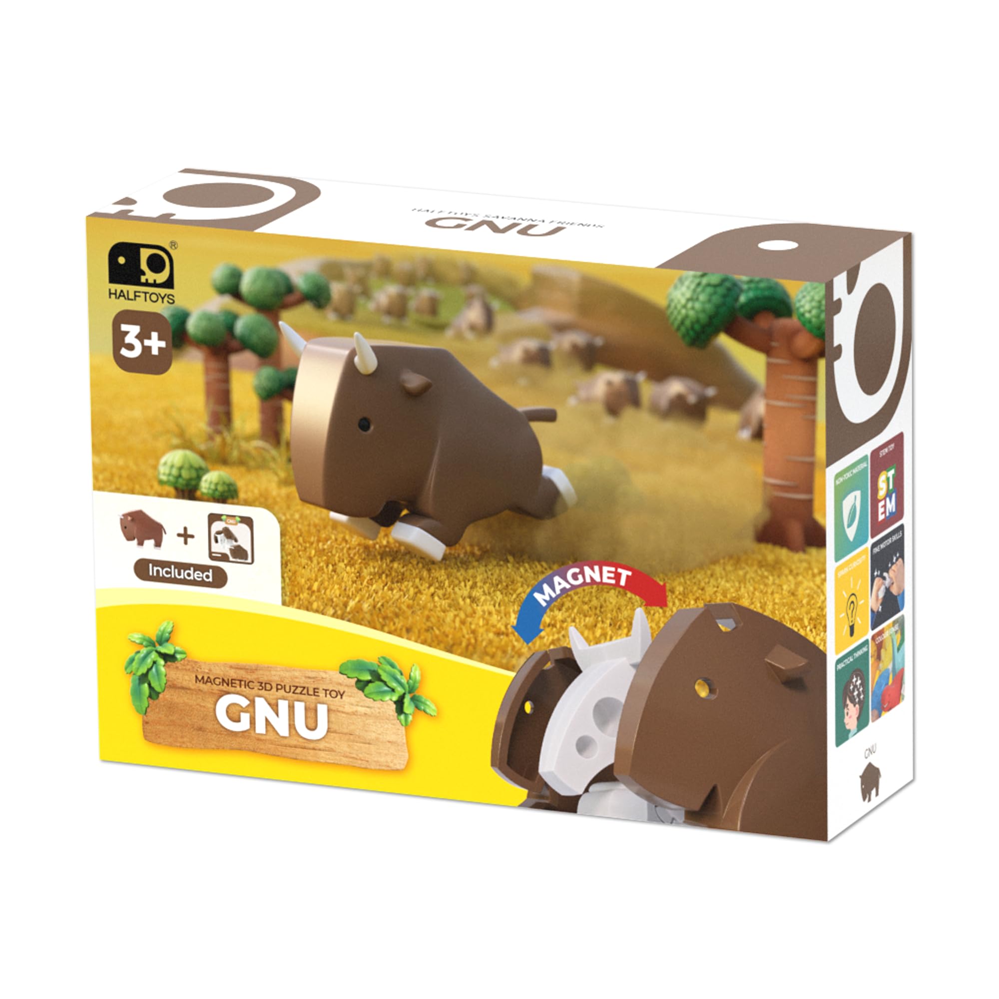 Halftoys Single Animal - Gnu | Magnetic 3D Puzzle Toy | Multi-Sensory Learning | Safe, Durable & Washable | Perfect for Little Hands