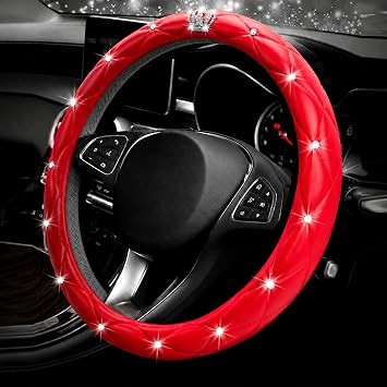 Crown Bling Car Steering Wheel Cover, 14.5-15" PU Leather for Women Men