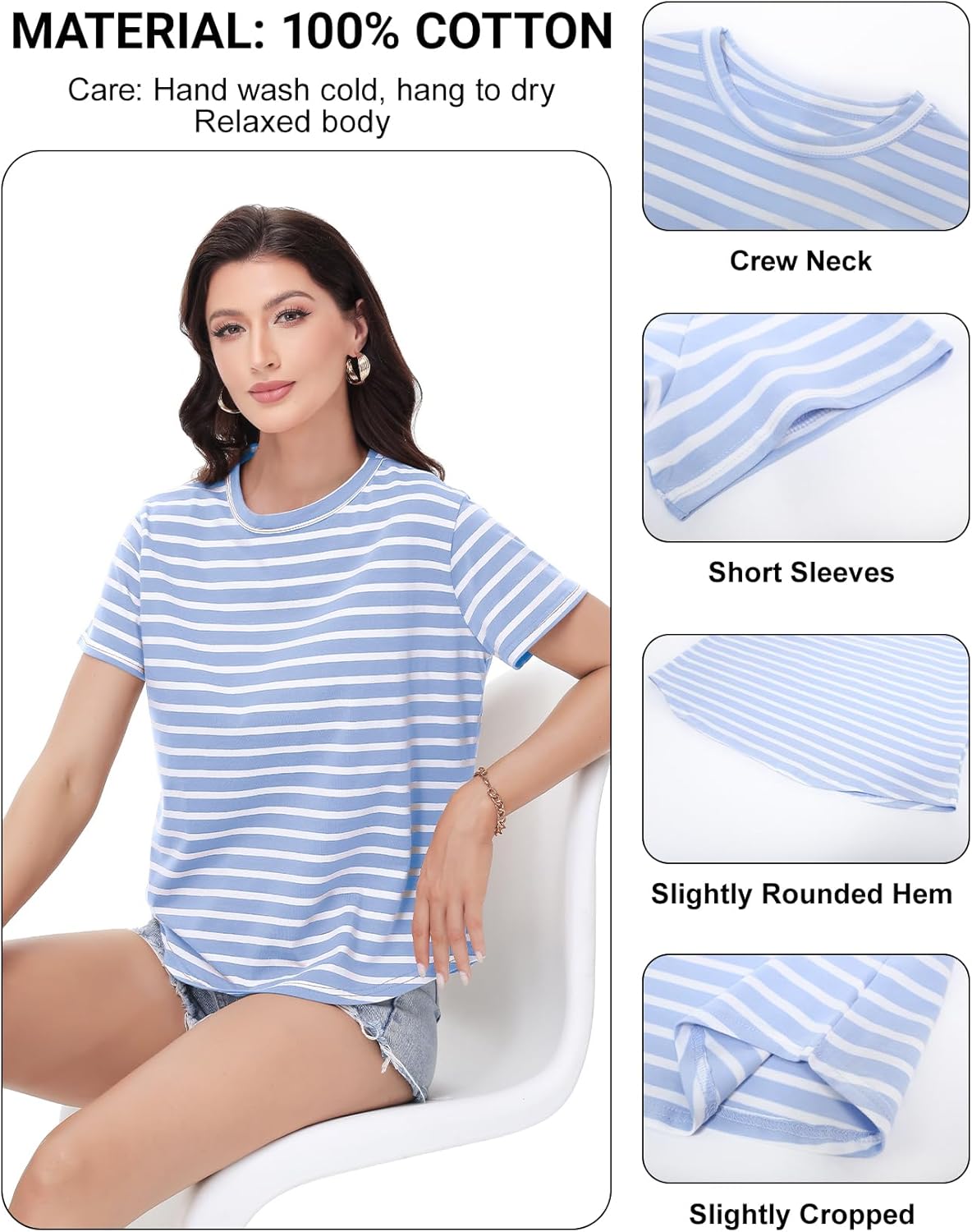 PEHEMA Women's Cotton Striped Short Sleeve T-Shirt - Soft Crew Neck Casual Summer Tops for Work Weekend - Image 4