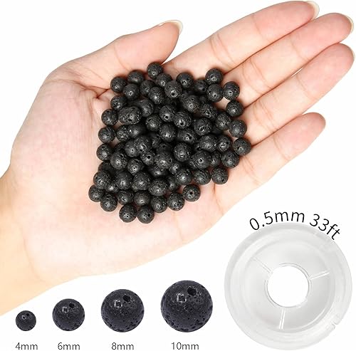 Miniatura 2 de 100 cuentas redondas sueltas de lava volcánica negra natural de 0.394 pulgadas para fabricación de joyas con cordón elástico de cristal