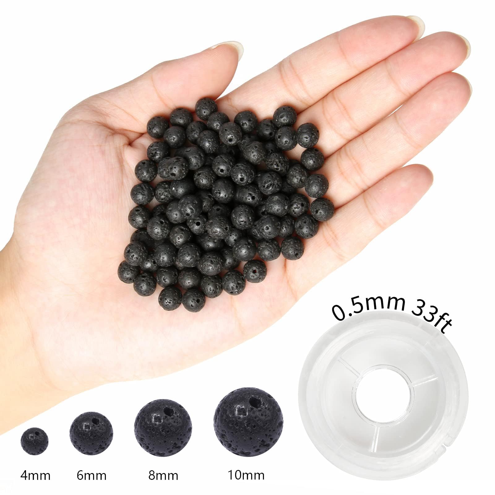 100 cuentas redondas sueltas de lava volcánica negra natural de 10 mm para hacer joyas con cordón elástico de cristal