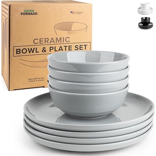 Grow Forward Ceramic Plates and Bowls Sets for 4 - Modern Aesthetic Porcelain Dinnerware Set - 4 Dinner Plates and 4 Dinner Bowls - Oven, Dishwasher & Microwave Safe Kitchen Dishes Set - Glossy Grey
