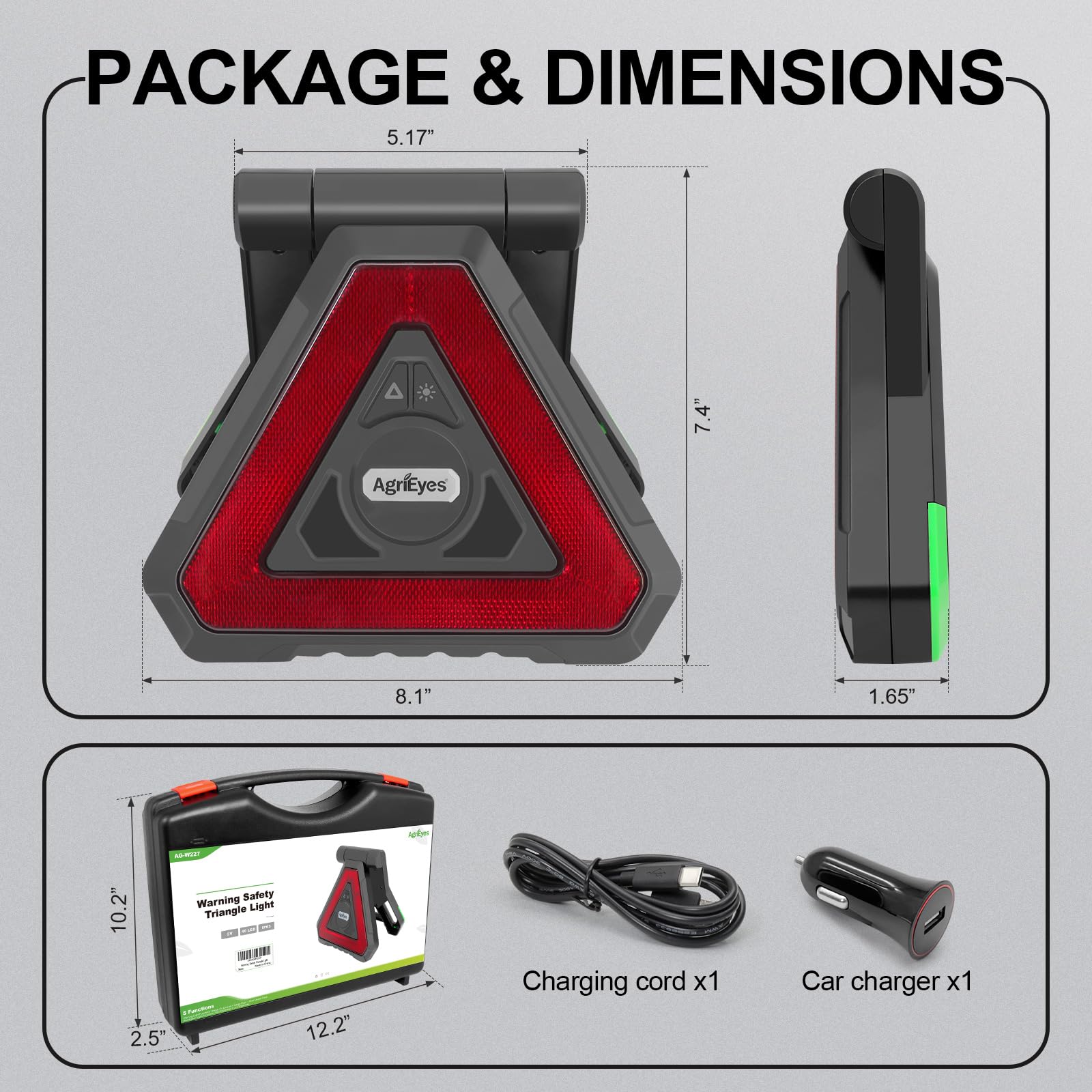Agrieyes Luce triangolare di emergenza ricaricabile USB-C, luce di avvertimento LED lampeggiante portatile con 5 modalità, luce di avvertimento stradale portatile per auto, camion, camper, veicoli
