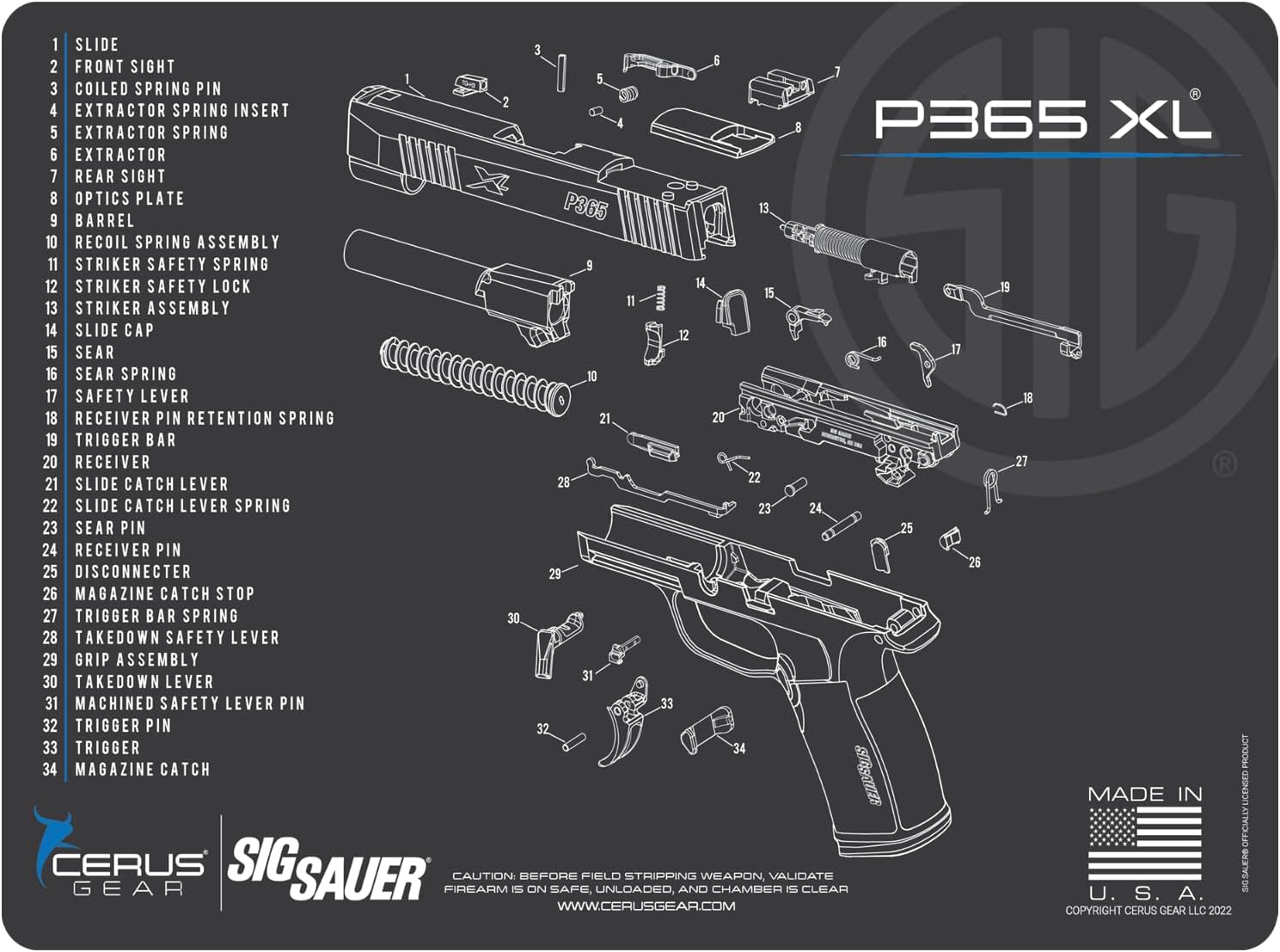 Range Warrior 27 Pc Gun Cleaning Kit - Compatible with SIG P365XL - Schematic (Exploded View) Mat, Range Warrior Universal .22 9mm - .45 Kit & Tac Book Accessories Set