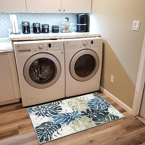 Miniatura 7 de Lanffia Alfombra de área de hojas de 2 x 3 pulgadas, alfombra de entrada lavable antideslizante para fregadero de cocina, alfombra de baño azul
